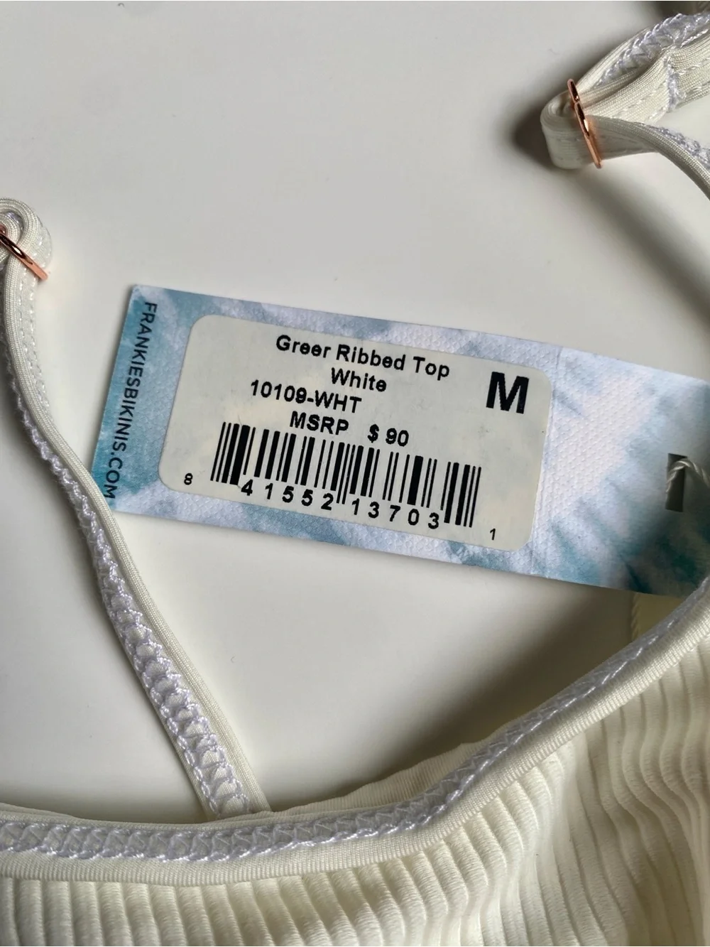 Frankie's Bikinis Ribbed Knot Front Swim Bra in Off-White (M)